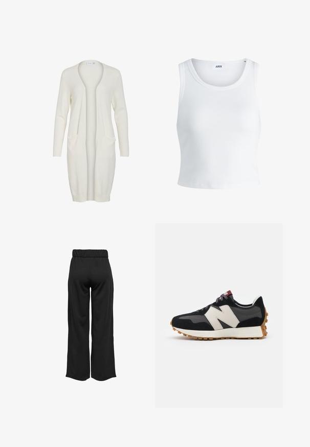 Długi biały kardigan z miękkiego materiału, z dekoltem w kształcie litery V, otwartym przodem, prążkowanymi mankietami i dwiema przednimi kieszeniami.; Biały prążkowany top na ramiączkach z okrągłym dekoltem, bez rękawów i skróconej długości. Metka z napisem "JJXX." Gładka faktura materiału.; Czarne, szerokie spodnie z elastycznym pasem, wykonane z gładkiego materiału. Charakteryzują się prostym wzornictwem, bez kieszeni i widocznych szwów.; Czarno-szare zamszowe sneakersy z dużym kremowym logo "N", purpurowymi sznurówkami i teksturowaną gumową podeszwą.