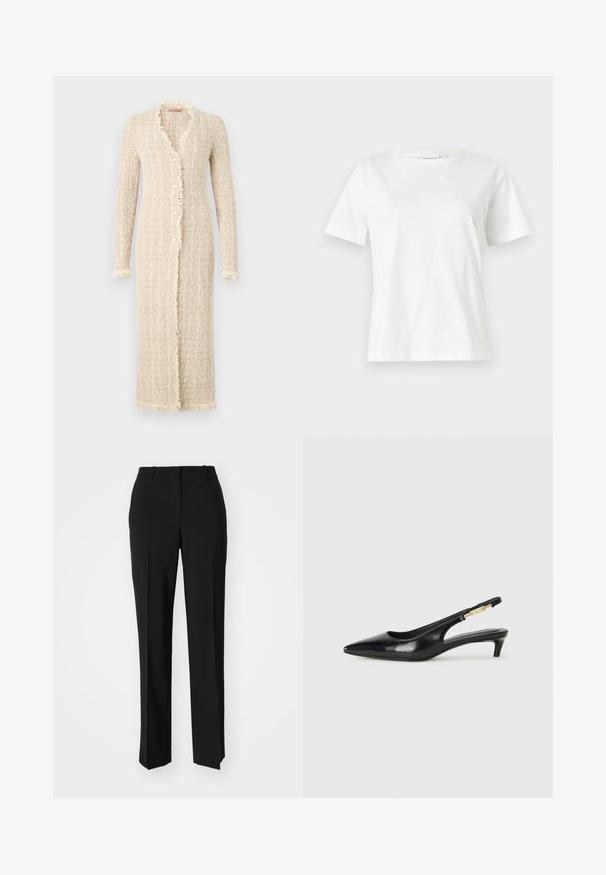 Hosszú bézs kardigán texturált kötött anyagból. Feltűnő, rojtos él, öt gombos zárás és hosszú ujjú.; Fehér pamut póló rövid ujjakkal, kerek nyakkivágással és laza szabással. Sima textúra, nincsenek minták vagy díszítések, minimalista dizájn.; Fekete, testhezálló nadrág egyenes szárú kivitelben, sima textúrával és éles redőkkel az elején. Nincs látható fémalkatrész.; Fekete bőr slingback magassarkúk, hegyes orral, vékony sarkakkal és arany színű részlettel a állítható pánton. Simа felület.