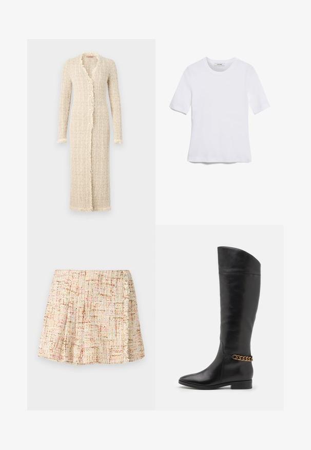 Langer beiger Cardigan aus strukturiertem Strickstoff. Er verfügt über einen fransigen Saum, eine Fünf-Knopf-Verschluss und lange Ärmel.; Weißes kurzärmliges T-Shirt aus geripptem Stoff. Runder Halsausschnitt, normale Passform und dezente Nähte. Keine Muster oder Grafiken.; Kurzer, plissierter Rock aus strukturiertem Stoff in neutralen Tönen mit dezenten Farbtupfern. Verfügt über einen Fransenbesatz an der Seite.; Hohe schwarze Lederstiefel mit elegantem Design, spitzer Zehe und einem goldenen Kettenakzent am Knöchel. Tiefer Blockabsatz. Glatte Textur.