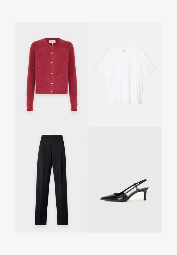 Rød, fluffy cardigan med lange ermer, rund halslinje og perleknapper foran. Myk tekstur med en kort design.; Hvit bomulls t-skjorte med korte ermer, rund hals, avslappet passform og sydd kant. Merke synlig på innsiden av halsen.; Svarte bukser laget av glatt stoff, med høy midje, vide ben, frontfolder og klassiske beltehemper. Ingen synlige sidelommer.; Sorte patent slingback hæl med spids tå, featuring tekstureret slangeskind, justerbar rem og en kort, tekstureret blokhæl.