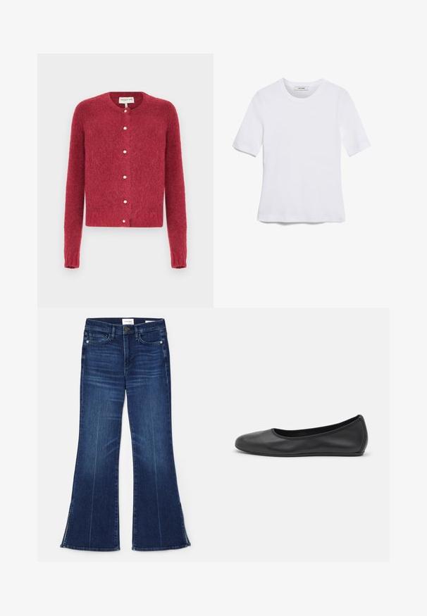 Raudonas, purus kardiganas su ilgomis rankovėmis, apvaliu kaklu ir perlais mygtukais priekyje. Minkšta tekstūra ir trumpas dizainas.; Balta trumpa rankovėmis marškinėliai, pagaminti iš pasiruošusio audinio. Apvali iškirptė, reguliari tinkamumas ir subtilūs siuvimo detalės. Be raštų ar grafikos.; Tamsiai mėlynos flare tipo džinsai, pagaminti iš džinsinio audinio. Su aukštu liemeniu, priekinėmis kišenėmis ir skeltukais hem'e. Klasikinis penkių kišenėlių dizainas.; Juodai odiniai baletai su apvaliu pirštu, lygi texture, minimalus siuvimo detales ir lanksčiu padų dizainu.