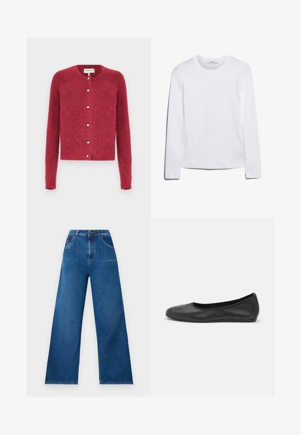 Red, fuzzy cardigan with long sleeves, round neckline, and pearl buttons down the front. Soft texture with a cropped design.; Long-sleeve white T-shirt made of ribbed cotton, featuring a round neckline and a straight hem. Simple design with no patterns or accents.; Wide-leg jeans in dark blue denim with a high waist, featuring front and back pockets, and contrast stitching details.; Black leather ballet flat with a rounded toe, smooth texture, minimal stitching detail, and a flexible sole design.