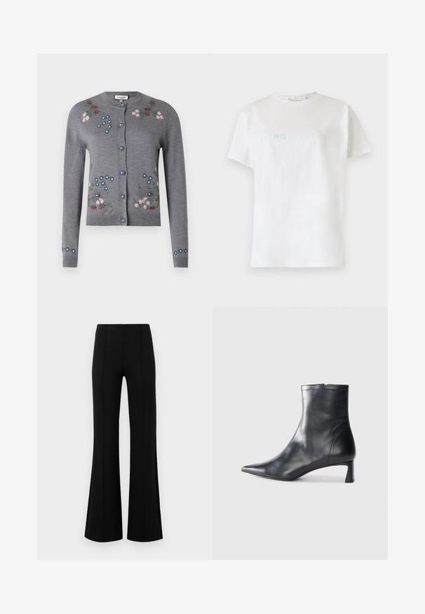 Cardigan en tricot gris avec des fleurs brodées en rose, bleu et vert. Il présente un col rond, une fermeture à boutons et deux poches frontales.; T-shirt en coton blanc à manches courtes et col rond, avec le mot "INTROSPECTION" écrit en texte bleu clair sur la poitrine.; Pantalons évasés noirs avec une taille haute, fabriqués en tissu extensible. Présente des détails de couture verticaux sur le devant et une texture lisse.; Bottine en cuir noir avec un bout pointu et un design épuré. Présente un petit talon et une fermeture éclair à l'arrière. Texture lisse.
