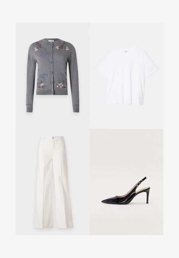 Cardigan en tricot gris avec des fleurs brodées en rose, bleu et vert. Il présente un col rond, une fermeture à boutons et deux poches frontales.; T-shirt en coton blanc avec des manches courtes, un col rond, une coupe décontractée et un ourlet cousu. Étiquette visible à l'intérieur du col.; Pantalons blancs à jambes larges en coton avec une texture douce. Comprend un bouton à l'avant, une fermeture éclair et un design à quatre poches.; Pompe slingback en cuir verni noir avec un bout pointu, un talon fin et un design de découpes subtil. Elle dispose d'une boucle dorée sur la sangle.