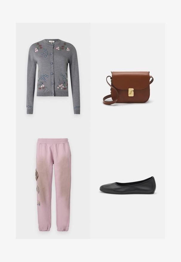 Gray knitted cardigan with embroidered flowers in pink, blue, and green. Features a round neckline, button closure, and two front pockets.; White short-sleeve t-shirt made of ribbed fabric. Round neckline, regular fit, and subtle stitching details. No patterns or graphics.; Pink sweatpants with an elastic waistband, featuring decorative patches in diamond shapes on the left side and elastic cuffs at the ankles.; Black leather ballet flat with a rounded toe, smooth texture, minimal stitching detail, and a flexible sole design.; Brown leather handbag with a flap closure, gold-tone hardware, a shoulder strap, and a smooth texture. Compact rectangular shape.