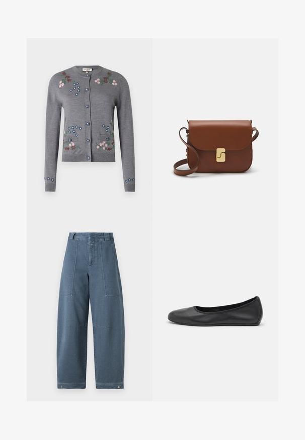 Szürke kötött kardigán, rózsaszín, kék és zöld hímzett virágokkal. Kerek nyakkivágással, gombos záródással és két elülső zsebbel rendelkezik.; Fehér, rövid ujjú póló ribbed anyagból. Kerek nyakkivágás, normál szabás és diszkrét varrási részletek. Nincsenek minták vagy grafikák.; Világoskék színű, bőszárú farmernadrág, texturált felülettel, két elülső zsebbel és strapabíró varrással az alján.; Fekete bőr balettcipő lekerekített orral, sima tekstúrával, minimális varrással és rugalmas talp kialakítással.; Barna bőr kézitáska, hajtókás zárással, arany színű fém kiegészítőkkel, vállpánttal és sima felülettel. Kompakt téglalap alakú.