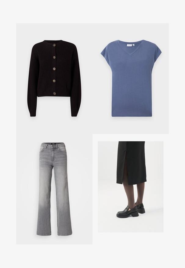 Sötétbarna kötött kardigán kerek nyakkivágással, öt nagy gombbal és bordás mandzsettával. Rövidített fazon, texturált anyagból.; V-nyakú, rövid ujjú póló halvány kék színben, puha pamut anyagból, sima textúrával és laza fazonnal.; Magasan derekú, egyenes szárú, szürke farmernadrág, elől gombbal és cipzárral, elülső és hátsó zsebekkel, valamint elhalványodott árnyékolással a combokon és a vádlikon.; Fekete bőr cipők lekerekített orral, vastag blokk sarkakkal és elasztikus oldalsó díszítésekkel, sötét harisnyával és hasítékkal ellátott fekete szoknyával párosítva.