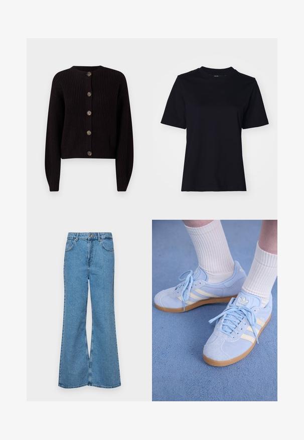Dark brown knitted cardigan with a round neckline, five large buttons, and ribbed cuffs. Cropped design with textured fabric.; Black cotton t-shirt with short sleeves, a crew neckline, and a relaxed fit. Smooth texture, no visible patterns or graphics.; Light blue flared jeans made of denim, featuring a high waist, five pockets, and a single button closure. Soft texture with faded finish.; Light blue suede sneakers with white stripes, flat laces, and a gum rubber sole. Ribbed white socks are worn above the ankle.