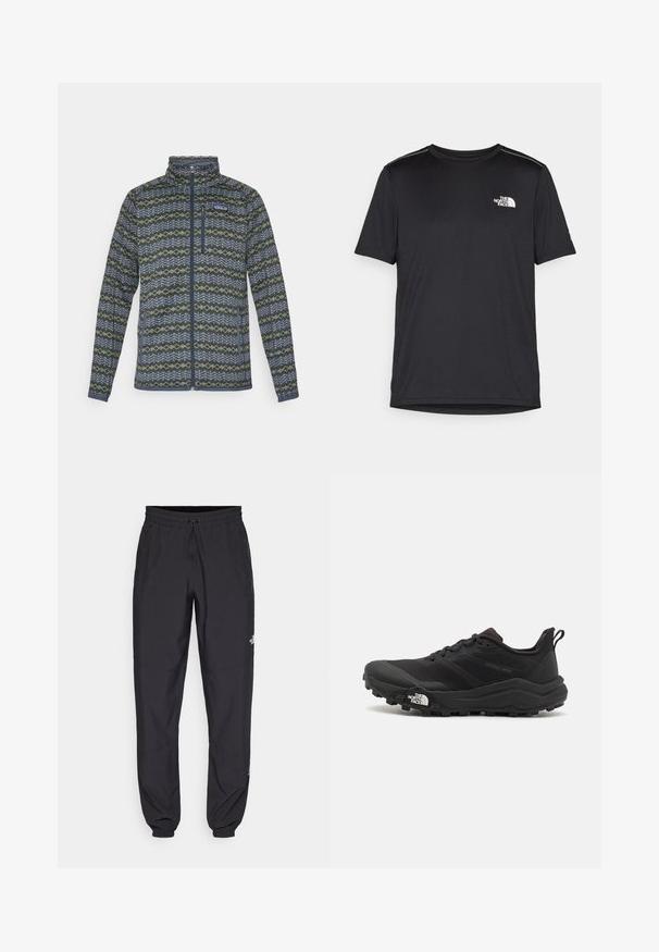 Moška flis jakna z zadrgo v modrem, sivo in zelenem geometrijskem vzorcu ter žepom z zadrgo na prsih, z logotipom Patagonia na prsih.; Črna kratkosleevena majica iz lahkotnega materiala. Ima majhen bel logo na levem prsnem delu in diskretne poudarke na ramenskem predelu.; Črne atletske hlače iz lahkega materiala, ki imajo elastični pas z vezalko, stranske žepe in zožene manšete na gležnjih.; Črne tekaške čevlje za trail s teksturirano zgornjega dela, gumijastim podplatom in ojačanim zaključkom prstov. Vključuje oblazinjen ovratnik in zanko za enostavno obuvanje.