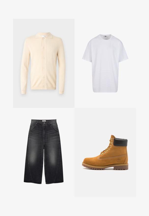 Ljusbeige knapp-up cardigan med krage, med en mjuk textur och fem knappar framtill. En enkel och mångsidig design.; Vit bomull t-shirt med korta ärmar, rundad halsringning, avslappnad passform och utan synliga logotyper eller mönster. Slät textur och minimal design.; PULL&BEAR MEGA BAGGY - Baggy jeans - black; Tan mockasins ankelstövlar med svart vadderad krage, guldmetallöglor, vit sömdekor och slitstöt gummisula med utmärkta mönster.