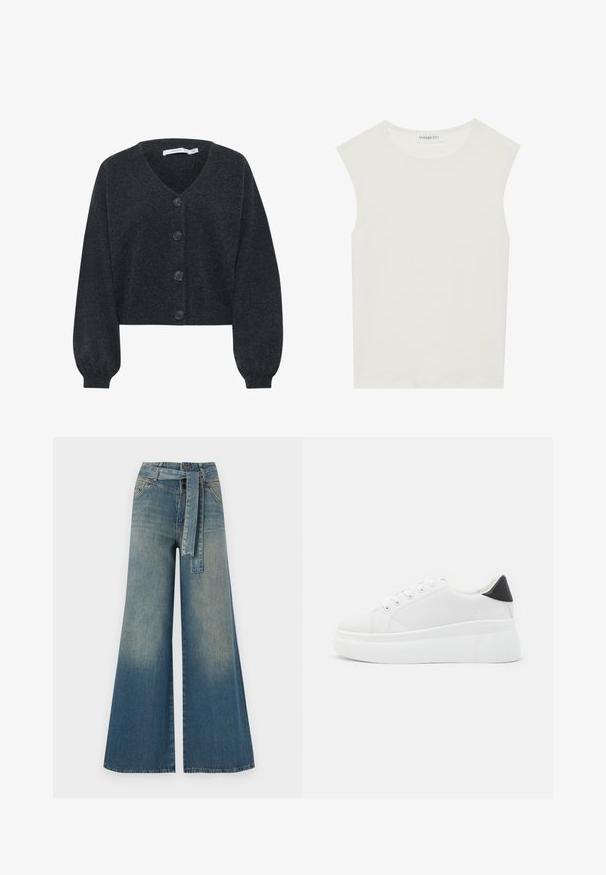 Gestuz MANZI - Vest - deep graphite melange; Witte mouwloze top met een ronde halslijn. Gemaakt van gladde stof, het heeft een losse pasvorm en een minimalistisch ontwerp. Geen patronen of accenten.; Wijduitlopende denim broek met een lichte naar donkere blauwe gradient, hoge taille, riemlussen en een bijpassende stoffen riem. Gestructureerde denimafwerking.; Witte platform sneakers van glad synthetisch materiaal, met een afgeronde neus, vetersluiting en een gestructureerde rubberen zool. Zwarte hielaccent.