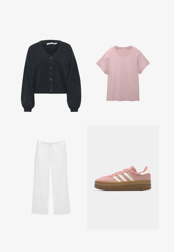 Gestuz MANZI - Kofta - deep graphite melange; Ljusrosa kortärmad t-shirt i mjuk bomull. Har rund halsringning och avslappnad passform med rak nederkant.; Vita vida byxor i mjukt tyg, med resårlinning och dragsko samt två sidofickor. Enkel och ren design.; adidas Originals GAZELLE BOLD - Sneakers - mauve/off white