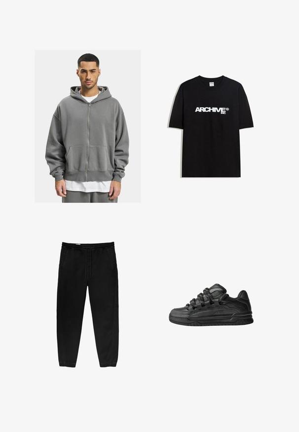 Siva zip-up kapuca z značilnim zadrgo, velikimi žepi in prostorno kapuco. Narejena iz mehkega, teksturiranega blaga z rebrastimi manšetami.; Črna bombažna majica s kratkimi rokavi z belim logotipom "ARCHIVE inc." čez prsa in okroglo ovratnikom.; Črne hlače z elastičnim pasom in vrvico, ožji nogi, stranskimi žepi in subtilnimi detajli šivanja na straneh. Mehka bombažna tekstura tkanine.; Črne superge z gladkim usnjenim zgornjim delom, teksturiranimi detajli in okroglimi črnimi ter belimi vezalkami. Debel gumijast podplat z vzorčastim profilom.
