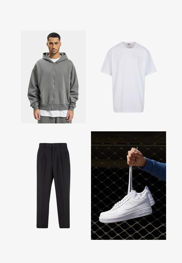 Felpa grigia con zip sul davanti, dotata di grandi tasche e un cappuccio ampio. Realizzata in un morbido tessuto testurizzato con polsini a costine.; Maglietta bianca in cotone con maniche corte, scollatura rotonda, vestibilità comoda e senza loghi o motivi visibili. Texture liscia e design minimale.; Pantaloni neri con design a pieghe sul davanti, realizzati in tessuto morbido. Presentano una chiusura con bottone e passanti per cintura; vestibilità a gamba dritta.; Sneakers in pelle bianca con perforazioni, punta rotonda, suola piatta e lacci spessi, con logo swoosh visibile e "AIR" sul tallone.