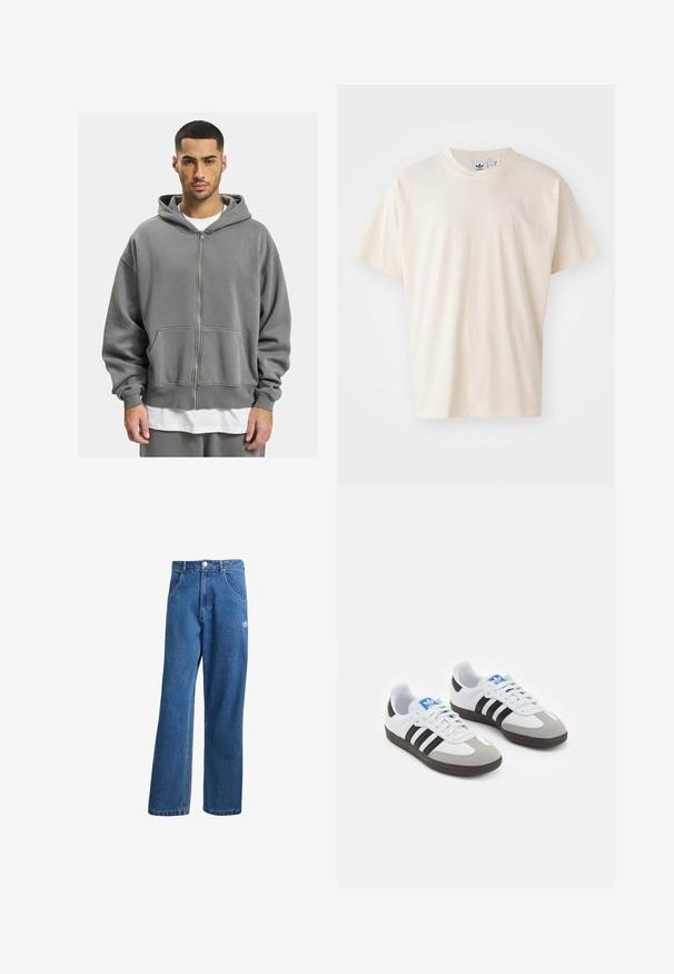 Siva zip-up hoodie s prednjim patentnim zatvaračem, velikim džepovima i prostranom kapuljačom. Izrađena od mekanog, teksturiranog materijala s rebrastim rukavima.; Kremasta pamučna majica s okruglim izrezom i kratkim rukavima; sadrži mali, svijetli logotip na prsima.; Plave farmerke visokog struka sa širokim nogavicama, prednjim džepovima, petljama za remen, zatvaranjem na dugme i malim Adidas logotipom na desnom bedrima.; Sportske cipele s gornjištem od bijele kože, sivi suedinasti nos i tri crne pruge. Imaju plavi logo na jeziku i teksturiranu gumenu podlogu.