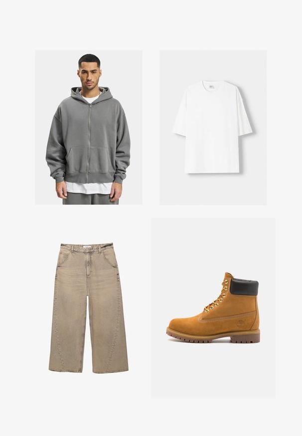 Grå zip-up hoodie med frontdragkedja, stora fickor och en rymlig huva. Tillverkad av ett mjukt, texturerat material med ribbade manschetter.; Vit t-shirt med kort ärm, tillverkad av bomull, med rund halsringning och en avslappnad passform. Slät yta utan synliga mönster eller detaljer.; PULL&BEAR MEGA BAGGY - Baggy jeans - light grey; Tan mockasins ankelstövlar med svart vadderad krage, guldmetallöglor, vit sömdekor och slitstöt gummisula med utmärkta mönster.