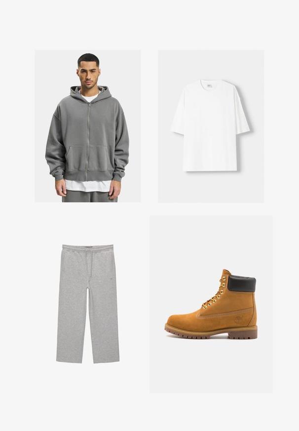 Šedá mikina na zips s predným zipsom, veľkými vreckami a priestrannou kapucňou. Vyrobená z mäkkej, štruktúrovanej látky s žebrovanými manžetami.; Biela tričko s krátkym rukávom vyrobené z bavlny, s okrúhlym výstrihom a voľným strihom. Hladká textúra, bez viditeľných vzorov alebo akcentov.; Šedé bavlnené nohavice na voľný čas s elastickým pásom, šnúrkou a dvomi bočnými vreckami; rovný strih nohavíc, jemná textúra, bez vzorov.; Tyrkysové semišové členkové topánky s čiernym polstrovaným golierom, zlatými kovovými očkami, bielym prešívaním a robustnou gumovou podrážkou s výraznými drážkami.