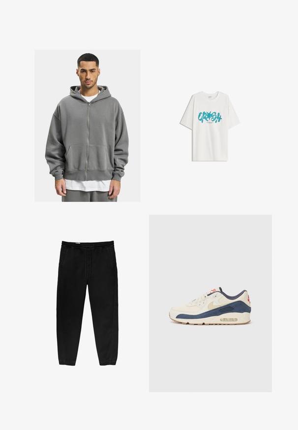 Grijze ritshoodie met een voorrits, grote zakken en een ruime capuchon. Gemaakt van zachte, gestructureerde stof met ribgebreide manchetten.; Bershka SHORT SLEEVE - T-shirt print - white; Zwarte elastische taillebandbroeken met een trekkoord, taps toelopende benen, zijzakken en subtiele stiksels aan de zijkanten. Zachte katoenachtige stof.; Sneakers met een crème leren en marineblauwe suède bovenkant, voorzien van een zichtbare luchtzool, beige rubberen buitenzool en een rode accent op de hiel.