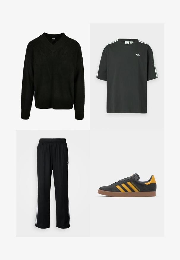 Sort striktrøje med V-hals, bred ribbet struktur, sænkede skuldre og lange ærmer, der har en afslappet pasform og ensfarvet design.; Sort bomulds-T-shirt med korte ærmer, rund hals og hvide tre-stribede detaljer på skuldrene. Har et lille hvidt logo på brystet.; Sorte træningsbukser med elastisk talje, der har hvide sidestænger og et lille logo. Materialet ser blødt og let ud.; Sort suedet sneaker med gule accenter, der har tre striber og en brun gummisål. Inkluderer en polstret tunge for komfort.