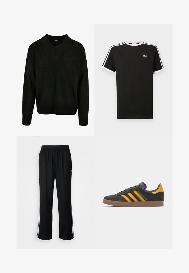Črn pleten pulover z V-izrezom, široko rebrasto teksturo, spuščeno rameni in dolgimi rokavi, z ohlapnim krojem in enobarvno zasnovo.; Črna majica s kratkimi rokavi, izdelana iz bombaža, s belimi detajli. Ima raglan kroj in majhen logo na prsih. Tri bele črte na ramenih.; Črne atletske hlače z elastičnim pasom, ki imajo bele stranske črte in majhen logo. Material izgleda mehak in lahek.; Črne semiš tene z rumenimi akcenti, ki vsebujejo tri trakove in rjavo gumo podplat. Vključujejo oblazinjeno jezik za udobje.