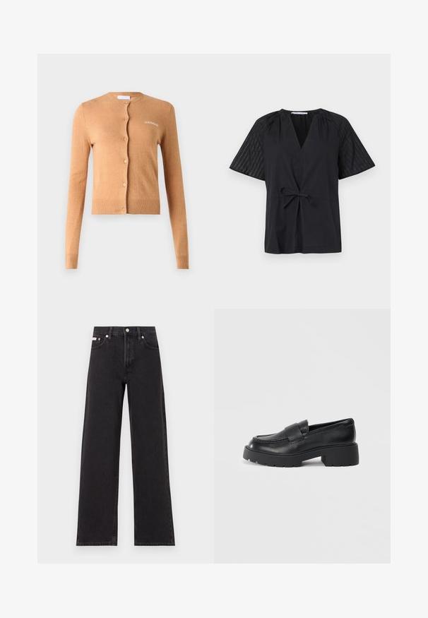 Karamell színű kardigán, gombos kialakítással, hosszú ujjak, bordás mandzsetták és hem, puha textúra, a mellkasán "2ND DAY" hímzés található.; Fekete felső V-nyakkal, rövid ujjakkal és megkötős derékkal. Az ujjain texturált, mintás anyag található, míg a test sima.; Fekete, bőszárú farmernadrág, magas derekú, öt zsebes kialakítással és fém gombos záródással, kontrasztos varrással.; Fekete bőr loaferek, textúrált felülettel, a lábfejen egy téglalap alakú pánttal és vastag, barázdált talpformával.