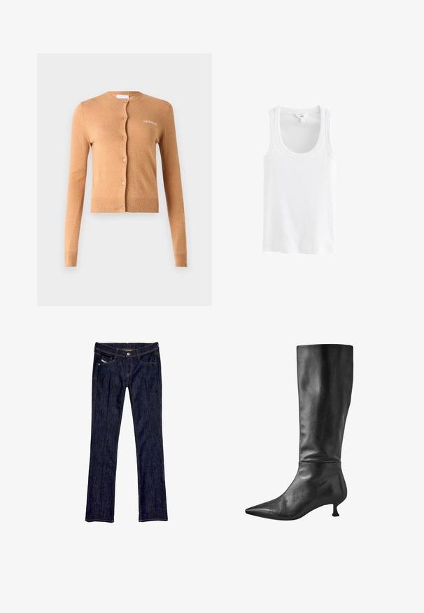 Karamelovo sfarbený kardigán, zapínanie na gombíky, dlhé rukávy, rebrované manžety a lem, mäkká textúra, na hrudníku s výšivkou "2ND DAY".; Biely tielko vyrobené z rebrovanej bavlny, s okrúhlym výstrihom a širokými ramienkami, bez viditeľných vzorov alebo akcentov.; Tmavomodré denimové jeansy so strihom rovného nohavice, obsahujúce predné zapínanie na gombík, päť vreciek a viditeľné stehy pozdĺž švov.; Čierne kožené čižmy po kolená s špicatou špičkou a malým blokovým podpätkom, s hladkou textúrou a elegantným siluetou.