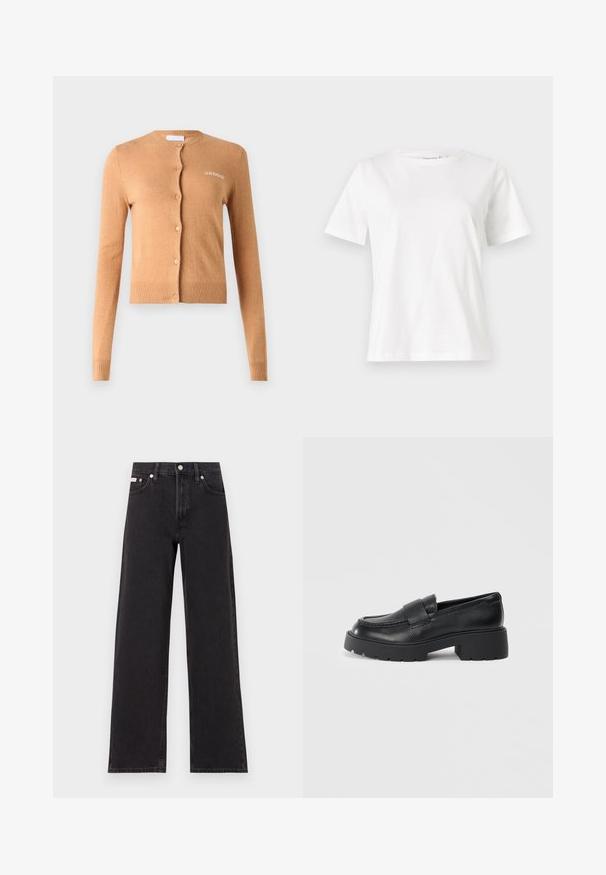 Cardigan boje karamele, dizajn s dugmadi, duge rukave, rebrasti manžeti i rub, mekana tekstura, s vezom "2ND DAY" na prsima.; Bijela pamučna majica s kratkim rukavima, okruglim izrezom i opuštenim krojem. Glatka tekstura, bez uzoraka ili akcenata, minimalistički dizajn.; Crne široke traperice od denima, s visokim strukom, pet džepova i metalnim zatvaranjem s kontrastnim šavovima.; Crne kožne mokasine s strukturiranom površinom, koje imaju pravokutnu traku preko gornjeg dijela i robustan, nazubljen potplat.