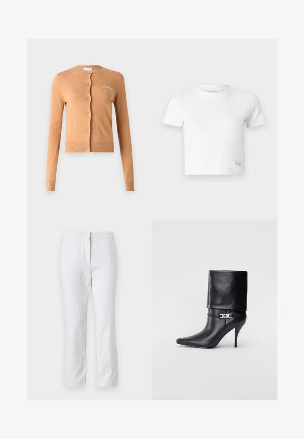 Caramel-colored cardigan, button-up design, long sleeves, ribbed cuffs and hem, soft texture, features "2ND DAY" embroidered on the chest.; White cropped t-shirt made of smooth cotton, featuring a high neckline and short sleeves. Small embroidered logo in the bottom corner.; White cotton pants with a straight leg design, featuring a mid-rise waist and no visible hardware or patterns. Smooth texture throughout.; Black leather ankle boot with a pointed toe, high stiletto heel, fold-over cuff, and a gold decorative buckle detail on the ankle.