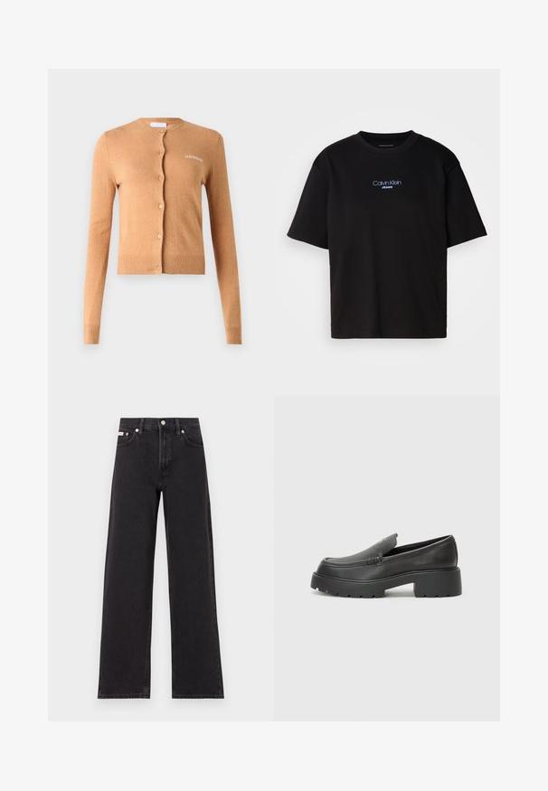 Cardigã de cor caramelo, com design de botões, mangas longas, punhos e barra canelados, textura macia, apresenta "2ND DAY" bordado no peito.; T-shirt preta de algodão com gola redonda, mangas curtas e logo bordado azul "Calvin Klein JEANS" na parte da frente.; Jeans de perna larga pretos feitos de denim, apresentando uma cintura alta, estilo de cinco bolsos e um fecho em botão de metal com costura contrastante.; Mocassins de couro preto com bico arredondado, sola espessa e texturizada, e detalhes de costura minimalistas. Design elegante sem atacadores ou ferragens visíveis.