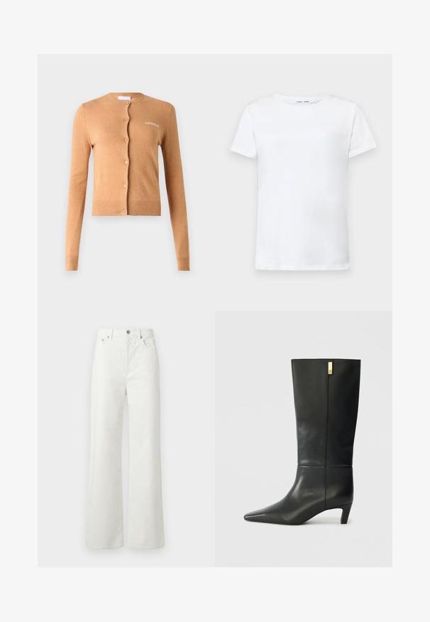Caramel-colored cardigan, button-up design, long sleeves, ribbed cuffs and hem, soft texture, features "2ND DAY" embroidered on the chest.; White short-sleeve t-shirt made of cotton with a crew neck design. Smooth texture and straight cut, no patterns or accents.; Samsøe Samsøe SHELLY - Relaxed fit jeans - clear cream; Black leather knee-high boot with a pointed toe and a small heel. Features a sleek design with a gold accent detail. Smooth texture.
