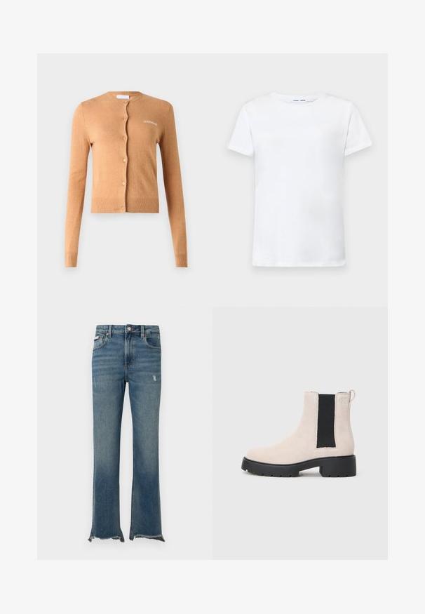 Karamellivärvi kardigan, nööbidisain, pikad varrukad, ribatud mansetid ja allääred, pehme tekstuur, rinnal on heegeldatud "2ND DAY".; Valge lühikeste varrukatega T-särk, valmistatud puuvillast, ümmarguse kaelusega. Sile tekstuur ja sirge lõige, ilma mustrite või aktsentideta.; Sinised teksapüksid kergelt kulunud detailidega, toores narmendav äär, esimesed taskud, vööaasad ja nööpkinnitus.; Beez suède Chelsea saapad mustade venituspaneelidega, turske musta põhjaga ja käepidemega pahkluul.