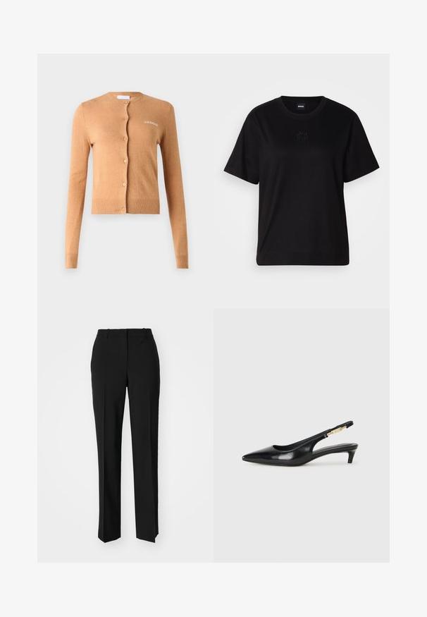 Karamellivärvi kardigan, nööbidisain, pikad varrukad, ribatud mansetid ja allääred, pehme tekstuur, rinnal on heegeldatud "2ND DAY".; Mustmust särk, millel on ümar kaelus, lühikesed varrukad ja tindiga tikitud logo rinnal. Lihtne, mugav lõige ilma mustriteta.; Mustad ja sirged püksid, millel on sile tekstuur ja teravad voldid esiosas. Ilma nähtavate detailideta.; Mustad nahast slingback kontsad terava ninaga, millel on õhuke konts ja kuldse tooni aktsent reguleeritaval rihmal. Sile tekstuur.
