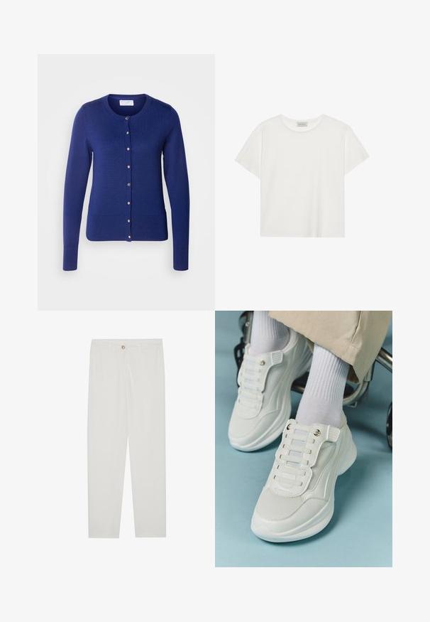 Navy blue cardigan in a ribbed texture with a round neckline, featuring gold-tone buttons down the front and two front pockets.; White short-sleeve T-shirt made of soft cotton. Features a round neckline and relaxed fit. Clean design with no visible patterns or accents.; White, tailored trousers with a straight leg design, featuring a button closure, belt loops, and side pockets; smooth fabric texture.; White sneakers featuring a mesh material, rubber sole, lace-free design with elastic bands, and gold-toned accents.