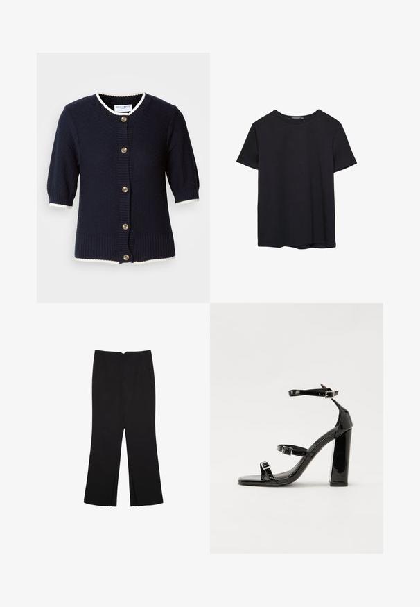 Mørkeblå strikket cardigan med korte ærmer, ribbede manchetter og en cremet kant. Har fem guldknapper foran. Struktureret stof.; Simpel sort kortærmet bomulds T-shirt med rund hals, præsenteret på en hvid baggrund.; Sorte bukser med lige pasform, der har frontlommer og slidser i kanten. Lavet af blødt, glat stof. Velegnet til forskellige anledninger.; Sorte laklædersandaler med høje hæle, to spænderemme, firkantet tå og en kraftig blokhæl, der har en glat, blank overflade.