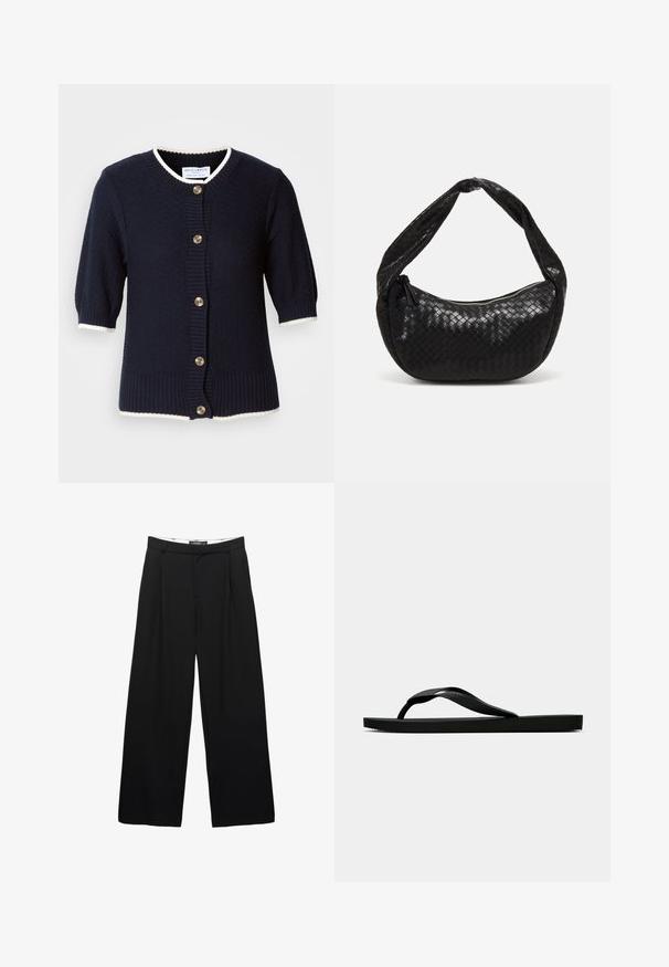 Námornícky pletený cardigan s krátkymi rukávmi, rebrovanými lemami a krémovým obšívaním. Má päť zlatých gombíkov na prednej strane. Rôznorodá tkanina.; Biely rebrovaný crop top s vysokým výstrihom a bez ramienok. Vyrobený z mäkkej, elastickej látky pre pohodlné nosenie.; Široké čierne nohavice vyrobené z hladkej tkaniny. Obsahuje predné skladby, pás s poutkami na opasok a upravený strih.; Čierne gumené žabky s textúrovaným popruhom a jednoduchou plochou podrážkou, zobrazené z boku na jednofarebnom svetlom pozadí.; Čierna tkaná kožená kabelka s zakriveným tvarom, s hrubým uchom a zipsovým uzatvorením. Textúrovaný povrch s lesklým povrchom.; Strieborné kovové náušnice s vlnitým, sochárskym dizajnom, s lešteným povrchom a nepravidelnými tvarmi, ktoré zvýrazňujú súčasnú estetiku.