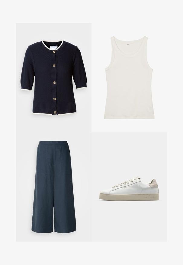 Marineblauer Strickcardigan mit kurzen Ärmeln, gerippten Bündchen und cremefarbener Einfassung. Besitzt fünf goldene Knöpfe auf der Vorderseite. Strukturiertes Material.; Weißes Baumwolltanktop mit weitem Ausschnitt und dünnen Schulterträgern. Glatte Textur ohne sichtbare Muster oder Verzierungen.; Weite Beinhosen in Marineblau, aus leichtem Stoff. Mit einer leicht strukturierten Oberfläche, elastischem Bund und Vordernähten.; Weiße Leder-Sneaker mit glatter Oberfläche, beigen Wildleder-Akzenten, runder Zehenpartie, flachem Schnürdesign und einer strukturierten Gummisohle.