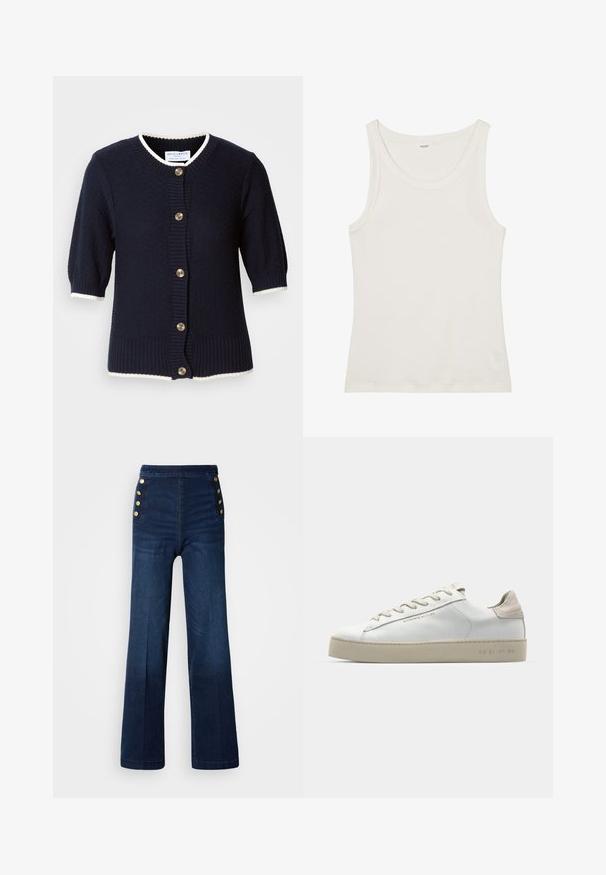 Merinovilla neulecardigan, jossa on lyhyet hihat, ribbauslahkeet ja kerma koriste. Edessä viisi kultanappia. Rakennepinta.; Valkoinen puuvillainen hihaton paita, jossa on leveä pääntie ja ohuet olkaimet. Sileä pinta ilman näkyviä kuvioita tai koristeita.; Tummansiniset farkut, joissa on leveät lahkeet, korkea vyötärö, kultaiset napin yksityiskohdat sivuilla ja sileä, hieno harsuuntuma.; Valkoinen nahkakenkä, jossa on sileä pinta, beige mokkanahkavivahteita, pyöreä kärki, litteä nauhattava malli ja teksturoitu kumipohja.