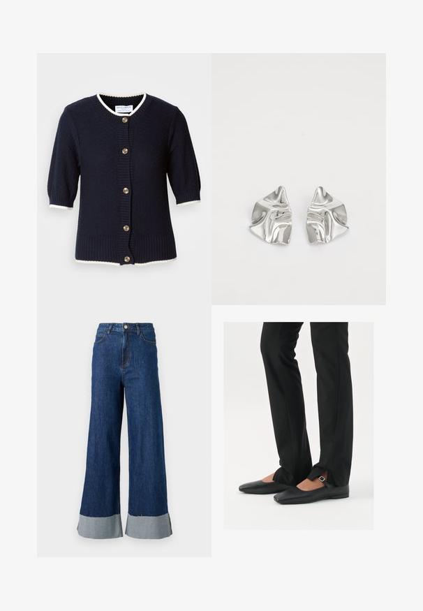 Marineblå strikket kortermet cardigan med ribbede mansjetter og kremfargede detaljer. Har fem gullknapper foran. Strukturert stoff.; Hvit bomullstopp med vid halsutskjæring og tynne skulderstropper. Glatt tekstur uten synlige mønstre eller dekorasjoner.; Bredde ben denim bukser med en mørkeblå vask, med en kontrasterende lyseblå mansjett og klassisk femlommersdesign.; Svart skinnballett-sko med spiss tå, stropp med sølvspenne, kombinert med svarte skreddersydde bukser med splitt i kanten.; Sølvmetall øredobber med et bølgete, skulpturelt design, preget av en polert finish og uregelmessige former, som fremhever en moderne estetikk.