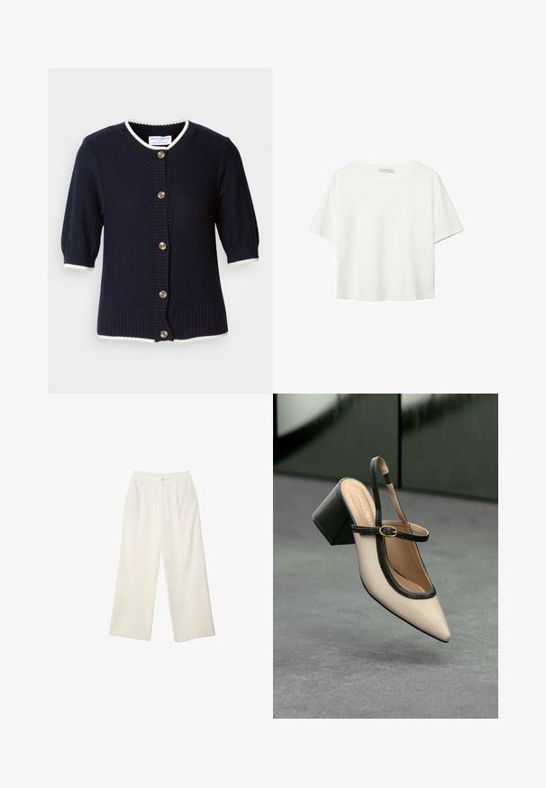 Marine gebreide cardigan met korte mouwen, geribbelde manchetten en een crèmekleurige bies. Voorzien van vijf gouden knopen aan de voorkant. Gelaagde stof.; Witte korte mouwen t-shirt van katoen. Heeft een ronde halslijn en een ontspannen pasvorm. Glad textuur zonder zichtbare patronen of accenten.; Brede broekspijpen in crème stof met een gladde textuur, voorzien van een enkele frontknop, subtiele plooien en een hoge taille.; Beige puntige slingback schoen met zwarte rand, gouden gesp en een chunky blokhak op een grijze vloer met een donker groene achtergrond.