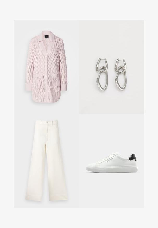 Jasnoróżowy kardigan wykonany z teksturowanej tkaniny, z dekoltem w serek, guzikami z przodu, dwoma kieszeniami oraz długimi rękawami zakończonymi ściągaczami.; Czarny top z krótkim rękawem wykonany z gładkiego materiału. Ma okrągły dekolt i drapowane detale na ramieniu. Prosty, dopasowany krój.; Szerokie spodnie w jasnym beżowym kolorze wykonane z bawełny. Charakteryzują się wysokim stanem, kieszeniami z przodu oraz prostym krojem. Czyste wykończenie brzegów bez wzorów.; Białe sneakersy o gładkim wykończeniu, z czarnym akcentem na pięcie i sznurowanym zapięciem. Posiadają branding "Calvin Klein" po bokach. Styl minimalistyczny.; Calvin Klein - Kolczyki