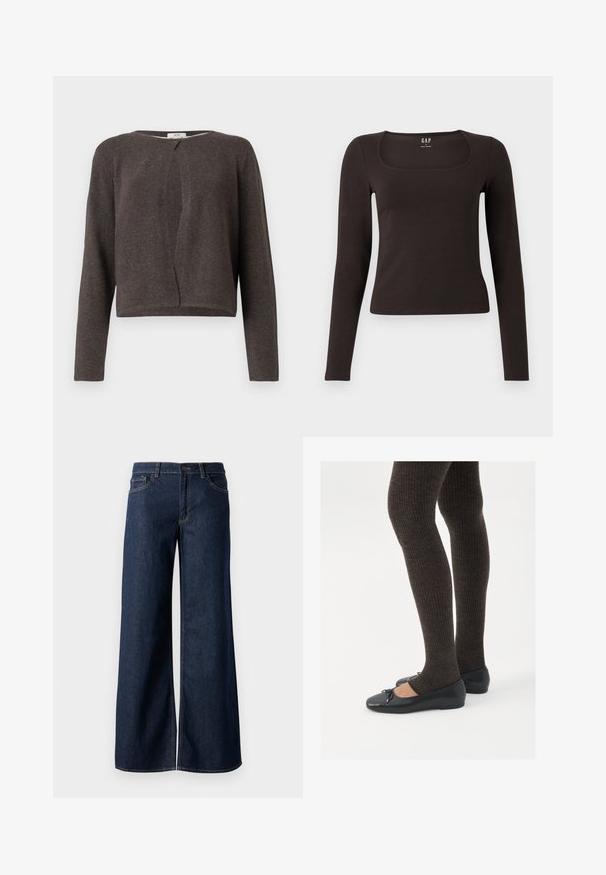 Temno siva pletena dolga jopica z dolgimi rokavi, okroglim izrezom in enim gumbom za zapiranje na vrhu.; Črn dolg rokav, prilegajoča majica s kvadratnim izrezom, označena z GAP, prikazana na belem ozadju.; Široke hlače iz temnega modrega denima. Imajo kontrastno šivanje, pet žepov in gumbasto zapiranje v pasu. Gladka tekstura.; Črne ravne čevlje z majhnim lokom na prstih, v kombinaciji s temno rjavimi rebrastimi nogavicami. Čevlji imajo gladko teksturo in nizko obliko.