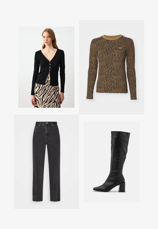 Schwarzes, geripptes Langarmtop mit einem tiefen V-Ausschnitt, versehen mit einer Reihe goldener Knöpfe auf der Vorderseite, kombiniert mit einem beigen Rock mit schwarzen Zebrastreifen.; Braunes langärmeliges T-Shirt mit Leopardenmuster, Rundhalsausschnitt und leichtem Stretch. Kleines Logo-Label auf der Vorderseite.; Schwarze Denim-Jeans mit geradem Bein, hoher Taille, vorderem Knopf und Reißverschluss sowie fünf Taschen auf weißem Hintergrund.; RAID BLICK - Stiefel - black