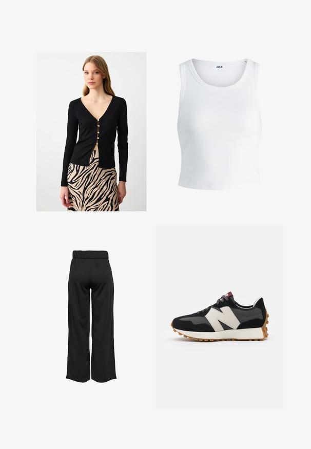 Zwarte geribbelde top met lange mouwen en een diepe V-hals, voorzien van een rij gouden knopen aan de voorkant, gecombineerd met een beige rok met zwarte zebrapatronen.; Witte geribbelde tanktop met een ronde hals, zonder mouwen en een cropped lengte. Label draagt "JJXX." Gladde stoftextuur.; Zwarte, wijde broek met een elastische tailleband, gemaakt van gladde stof. Heeft een strakke uitstraling zonder zakken of zichtbare stikseldetails.; Zwarte en grijze suède sneaker met een groot crèmekleurig "N"-logo, paarse veters en een gestructureerde rubberen zool van gum.