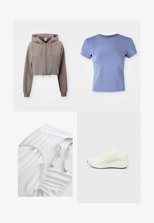 Κοντομάνικη κουκούλα σε ανοιχτό καφέ χρώμα, με φερμουάρ μπροστά, κορδόνι, πλαϊνές τσέπες και πλεκτές μανσέτες. Λείος υφασμάτινος υφή.; Λαμπερό μωβ εφαρμοστό μπλουζάκι φτιαγμένο από τριπλό ύφασμα, με στρογγυλή λαιμόκοψη και κοντά μανίκια. Περιλαμβάνει μια μικρή λογότυπη λεπτομέρεια στο στήθος.; Λευκά αθλητικά σορτς με υφασμάτινη ζώνη, πλευρικές λεπτομέρειες με σ gathering και επίπεδο κορδόνι. Μαλακό ύφασμα με λείο φινίρισμα.; Nike Performance DOWNSHIFTER 13 - Παπούτσια για τρέξιμο σε δρόμο - sail/silver-coloured photon dust/summit white/barely volt/black
