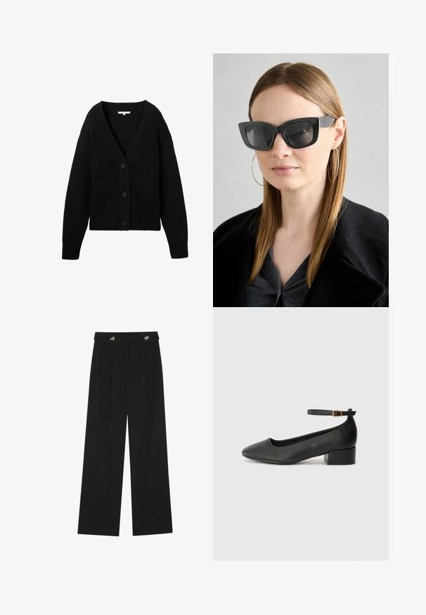 Juodas megztas kardiganas su ilgomis rankovėmis, V formos iškirpte ir trimis priekiniais mygtukais, išdėstytas plokščiai ant balto fono.; Juodas trumpomis rankovėmis viršus, pagamintas iš lygaus audinio, su peplum dizainu ir su diržu juosmenyje, papuoštas dviem apvaliomis sidabro spalvos mygtukais.; Juodi plačios kojos kelnės su aukštu liemeniu, sagų detalėmis ant liemens ir priekinėmis raukšlėmis.; Juodas odinis aukštakulnis batelis su smailiu pirštu ir žemu bloku. Su kulkšnies dirželiu su auksinės spalvos sagtimi. Lygus paviršius.; Juodos katės akies saulės akiniai su tamsiais objektyvais, storo rėmo ir subtiliais akcentais. Dėvimi su juodu paltu ir pilku viršumi, turinčiu ilgus tiesius plaukus.