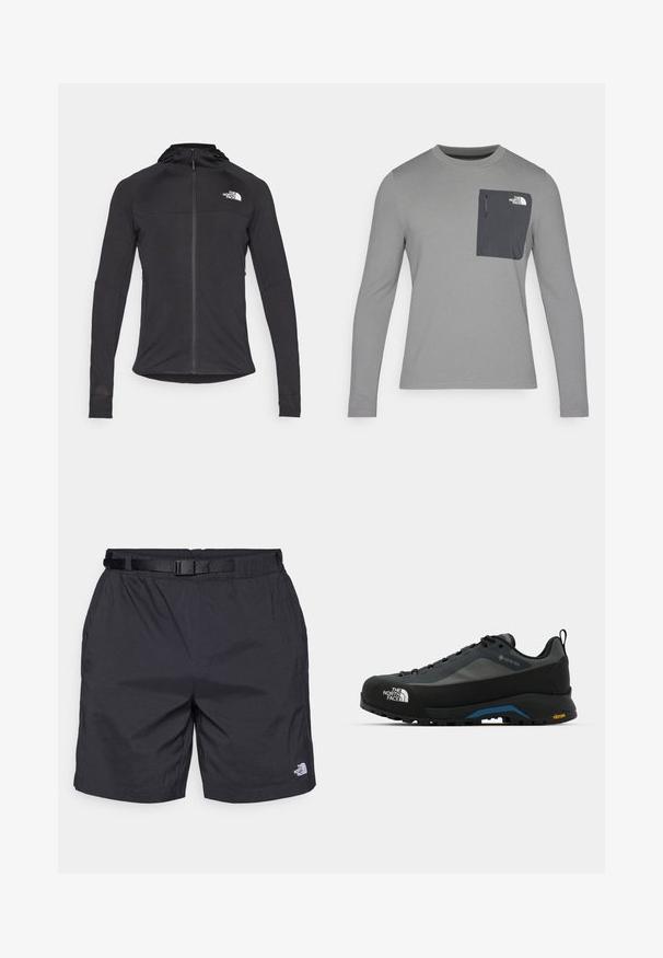 Crna atletska jakna s dugim rukavima, zatvaranjem na patentni zatvarač sprijeda, logotipom na gornjoj lijevoj strani i kapuljačom. Teksturirani materijal s prilagođenim dizajnom.; Siva košulja dugih rukava od teksturiranog materijala, s tamnosivom džepom na prsima i zatvaranjem na patentni zatvarač. Na džepu je logo u bijeloj boji.; Crne lagane hlače s opuštenim krojem, s podesivim remenom, bočnim džepovima, te logotipom North Face na donjem desnom dijelu nogavice.; The North Face VERTO ALPINE GORE TEX - Obuća za pješačenje - asphalt grey/tnf black