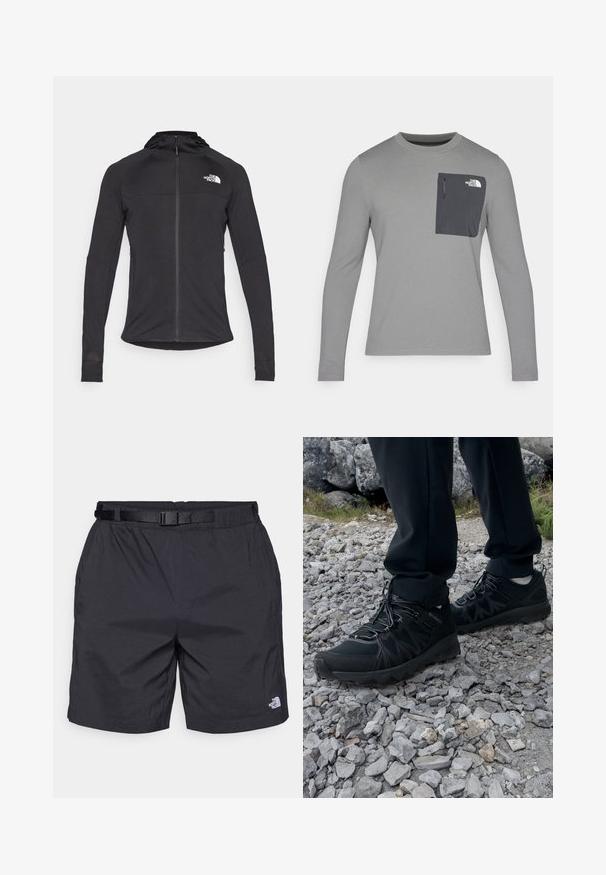 Black athletic jacket with long sleeves, zippered front, logo on the upper left, and a hood. Textured fabric with a fitted design.; Long-sleeve gray shirt with textured fabric, featuring a dark gray chest pocket and a zip closure. Logo on pocket in white.; Black lightweight shorts with a relaxed fit, featuring an adjustable belt, side pockets, and the North Face logo on the lower right leg.; Black outdoor shoes with mesh and synthetic material, featuring a textured upper, secured lacing system, and a rugged outsole, on rocky terrain.