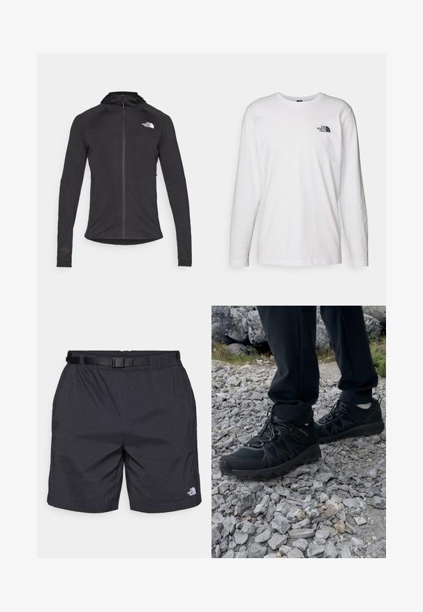 Schwarze Sportjacke mit langen Ärmeln, durchgehendem Reißverschluss, Logo auf der oberen linken Seite und Kapuze. Texturiertes Material mit figurbetonendem Schnitt.; Weißes langärmliges T-Shirt aus Baumwolle mit Rundhalsausschnitt. Verfügt über ein kleines schwarzes Logo auf der Brust. Glatte Textur, reguläre Passform.; Schwarze leichte Shorts mit lockerer Passform, ausgestattet mit einem verstellbaren Gürtel, Seitentaschen und dem North Face Logo am unteren rechten Bein.; Schwarze Outdoor-Schuhe aus Mesh und synthetischem Material, mit einer strukturierten Oberseite, gesichertem Schnürsystem und griffiger Laufsohle, auf felsigem Gelände.