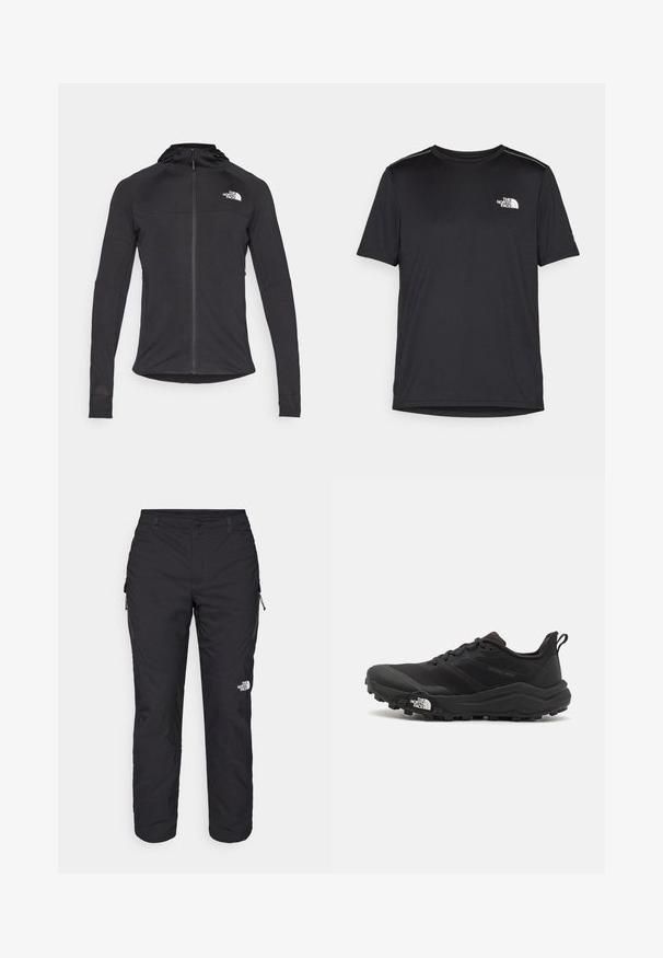 Čierna športová bunda s dlhými rukávmi, so zipsom vpredu, logom na hornej ľavej strane a kapucňou. Textúrovaná látka s priliehavým strihom.; Čierne tričko s krátkym rukávom vyrobené z ľahkej tkaniny. Obsahuje malé biele logo na ľavej hrudi a jemné akcenty na pleciach.; The North Face WINTER EXPLORATION TAPERED CARGO  - Outdoorové nohavice - black; Čierne trailové behacie topánky s štruktúrovaným zvrškom, gumovou podrážkou a vystuženou špičkou. Obsahuje polstrovaný golier a úchyt na jednoduché obúvanie.