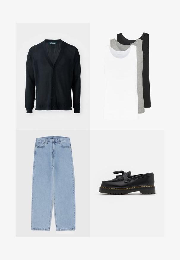 Black, lightweight knit cardigan featuring a mesh design, V-neck, ribbed cuffs, and button closure. No pockets or additional accents.; Three tank tops in white, gray, and black. Each features a classic sleeveless design, made from lightweight cotton fabric with a ribbed texture.; Light blue denim jeans with straight leg design, featuring a mid-rise waist, five pockets, and a button and zipper closure.; Black leather loafer with a tasseled accent, featuring a chunky black sole and yellow stitching along the edge. Textured finish.